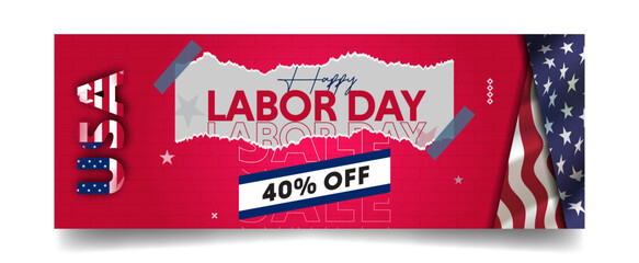 Wall Mural - Labor day sale web ad banner template with red background, flag, star, paper torn layout