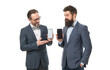 © be free - presenting product. business communication on meeting. team success. partnership of men speaking on phone. collaboration and teamwork. bearded businessmen in formal suit. mature men. Agile business