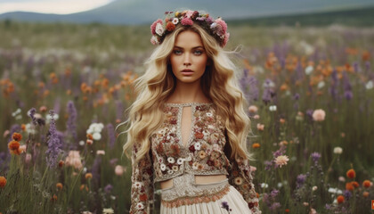 Wall Mural - one beautiful woman with blond hair in a meadow of flowers generated by ai