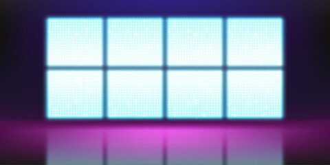 Poster - Defocused realistic LED screen on stage. Vector illustration of large LCD display grid with glowing blue and white dot lights. Concert hall background, modern theater show, night club decoration