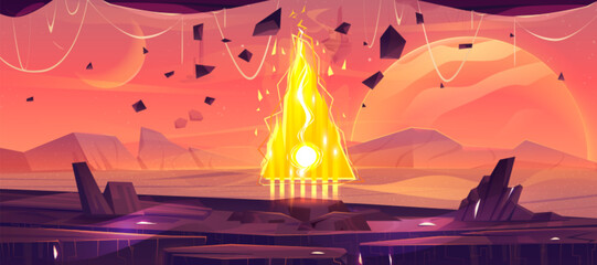 Wall Mural - fantasy portal on mars planet vector landscape background. martian dry desert game scene illustratio