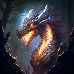 Character Dragon made of crystals diamond glowing eyes breathing fire bahamut dynamic forest ar 23 q 2 