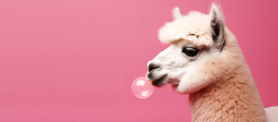 Funny llama blowing gum isolated on hot pink background with copy space. Generative AI illustration.