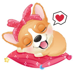 Cute Corgi sleeping on pillow watercolor illustration