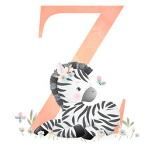 Cute Zebra With Alphabet Z Watercolor Illustration