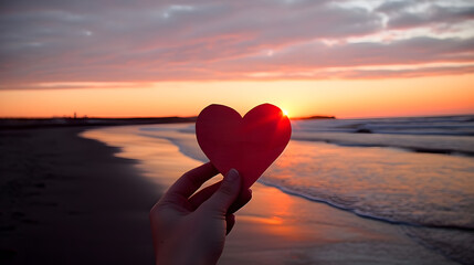 hand holding the heart shape paper cut on the beach sunset created with Generative AI