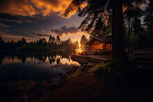 Tranquil Lakeside Retreat Nestled In The Midst Of A Dense Forest, With A Wooden Cabin Surrounded By Towering Trees And A Serene Lake Reflecting The Golden Hues Of Sunset