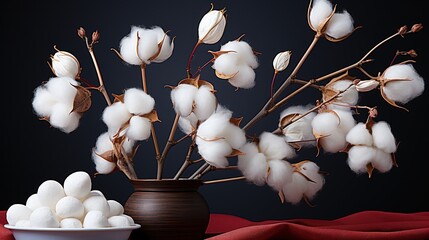 Branch white fluffy cotton flowers flat lay. Delicate light beauty cotton background. Natural organic fiber, agriculture, cotton seeds, raw materials for making fabric copy space generative ai