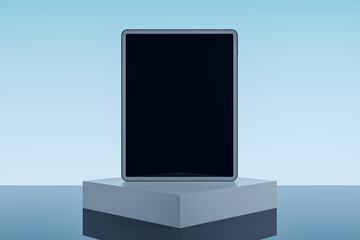 Aufkleber - Empty tablet on pedestal and light blue background with mock up place. Product placement, technology presentation concept. 3D Rendering.