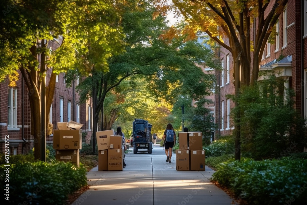 Moving to college. Packed belongings in suitcases and cardboard ...