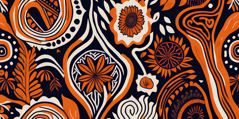 Wall Mural - Boho background illustration, abstract plant patterns, orange, white and blue. Generative ai