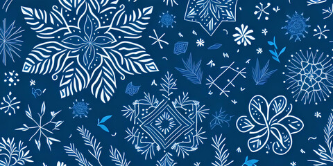 Wall Mural - Winter banner in flat cartoon style, white abstract snowflakes on blue background. Generative ai