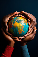 many hands of different races united holding planets