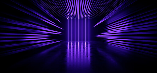 Poster - Futuristic Sci Fi Cyber Modern Neon Tubes Laser Vertical Ultraviolet Beams Lights Metal Stripe Glossy Barn Garage Parking Studio Showroom Tunnel Corridor Concrete Warehouse Room 3D Rendering