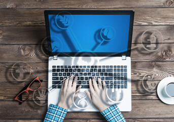 Poster - Business workplace with laptop device coffee cup and media user interface