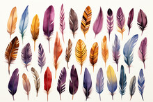 Large Set Of Watercolor Bird Feathers. Generative Ai