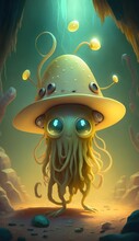 Large Cute Alien Yellow Jellyfish Eye Stalks On Top Of Head Cowboy Hat Cartoon Tentacles Magic Cave 