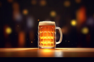 Foamy beer in large glass mug stands in local bar on Oktoberfest, Ai generated