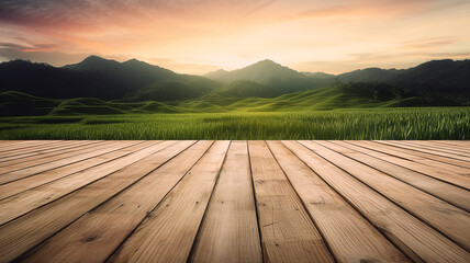 Empty wooden board with rice field , mountain and twilight sky background