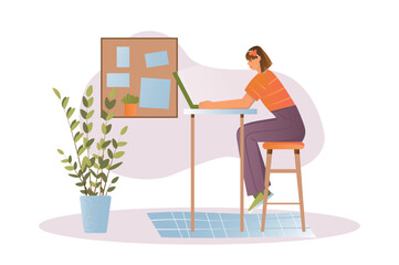Poster - Freelance working concept with people scene in the flat cartoon design. The girl is freelancing and can work at home. Vector illustration.