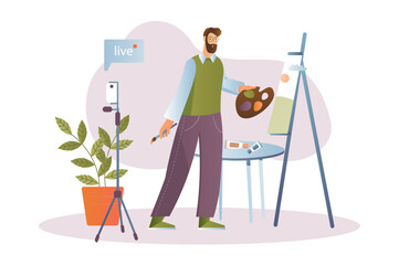 Aufkleber - Video streaming concept with people scene in the flat cartoon style. The artist conducts a live broadcast while painting the picture. Vector illustration.