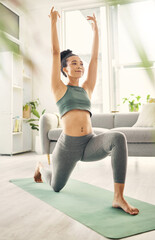 Sticker - Yoga, lunge and woman at home with zen, relax and leg stretching for health in a living room. Young female person, apartment and lounge with pilates and flexibility exercise in house feeling calm