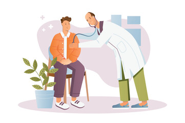 Wall Mural - Medical clinic concept with people scene in the flat cartoon design. The man is being examined at the polyclinic. Vector illustration.