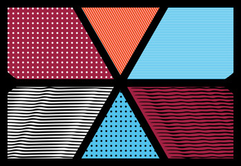 Poster - minimalist vector mockup of a typical comic book page with various speech shapes and pattern, colored flat Backgrounds. circle, diagonal and custom pattern design in black and white color.