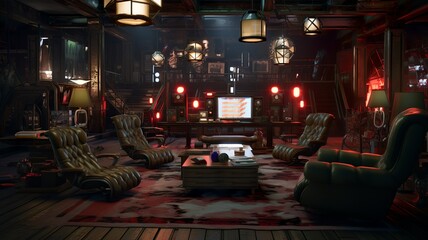 Wall Mural - Dark victorian arcade style futuristic fantasy living room in sci-fi mansion interior generative ai