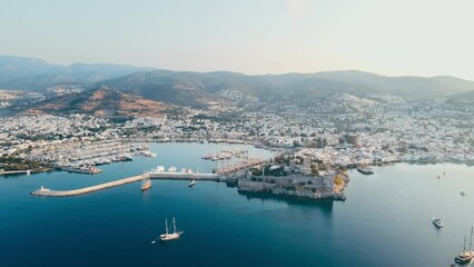 Wall Mural - Aerial view of resort town of Bodrum in Turkey with Bodrum ancient castle at sunrise