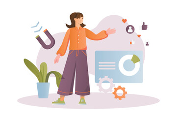 Aufkleber - Marketing concept with people scene in the flat cartoon style. A marketer analyzes business marketing to improve it. Vector illustration.