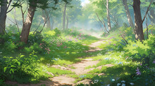 Landscape Countryside Cartoon Scene Background. Dirt Path Leading To Inside Deep Forest On Sunny Day. Generative AI