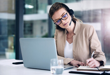 Poster - Call center, writing and business woman, laptop and planning for telemarketing sales, crm and communication. Notes, schedule and professional telecom person in virtual consulting job on her computer