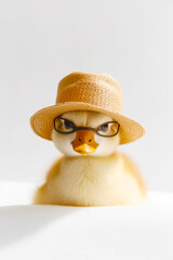 Poster - Duck wearing hat and glasses with straw hat on it's head. Generative AI.