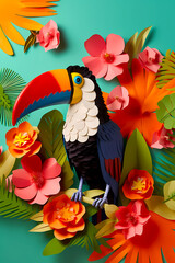 Canvas Print - Paper cut of toucan bird surrounded by flowers and leaves. Generative AI.