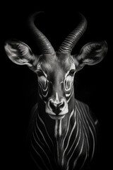 Wall Mural - Black and white photo of zebra's head with long horns. Generative AI.