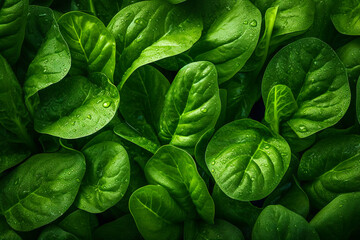 Canvas Print - Close up of bunch of green leaves with drops of water on them. Generative AI.