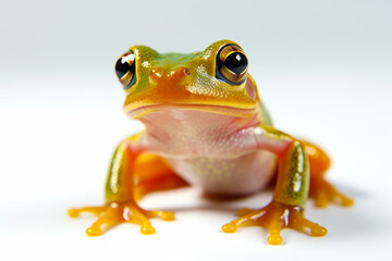 Poster - Close up of frog on white surface with white background. Generative AI.