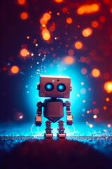 Poster - Little robot that is sitting on the ground in front of some lights. Generative AI.