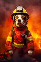 Canvas Print - Dog wearing fireman's uniform in front of fire. Generative AI.