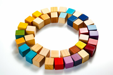 Wall Mural - Circle of colored wooden blocks arranged in circle on white background. Generative AI.