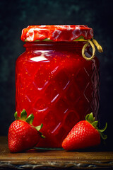 Sticker - Jar of strawberry jam with two strawberries on the side of it. Generative AI.