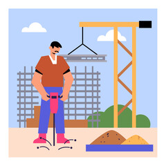 Wall Mural - Crane builds iron structure on background. Man holding jackhammer and crushing ground. Construction and repair of buildings concept. Flat vector illustration in blue and yellow colors