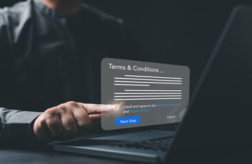 Businessman tick check mark for accept Terms of use concept. Reading terms and conditions of website or application then click button to go Next Step progress. Agree to contract term and condition.