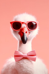 Sticker - Close up of duck wearing sunglasses and bow tie with pink background. Generative AI.