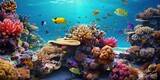Fototapeta Do akwarium - Coral reef with multicolored fishes, underwater view of detailed realistic ocean life in vivid colors