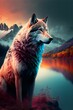 AI generated illustration of a majestic wolf illuminated by vibrant, colorful lights