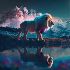 Poster - AI generated illustration of a majestic lion illuminated by vibrant, colorful lights