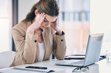 Poster - Woman, headache and stress in business, working at computer, desk with pain or corporate office of lawyer. Exhausted, burnout and anxiety in legal, law firm or employee frustrated with mistake