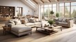 © Muzaffer Stock - Interior design of modern scandinavian apartment, living room and dining room. Created with generative AI.